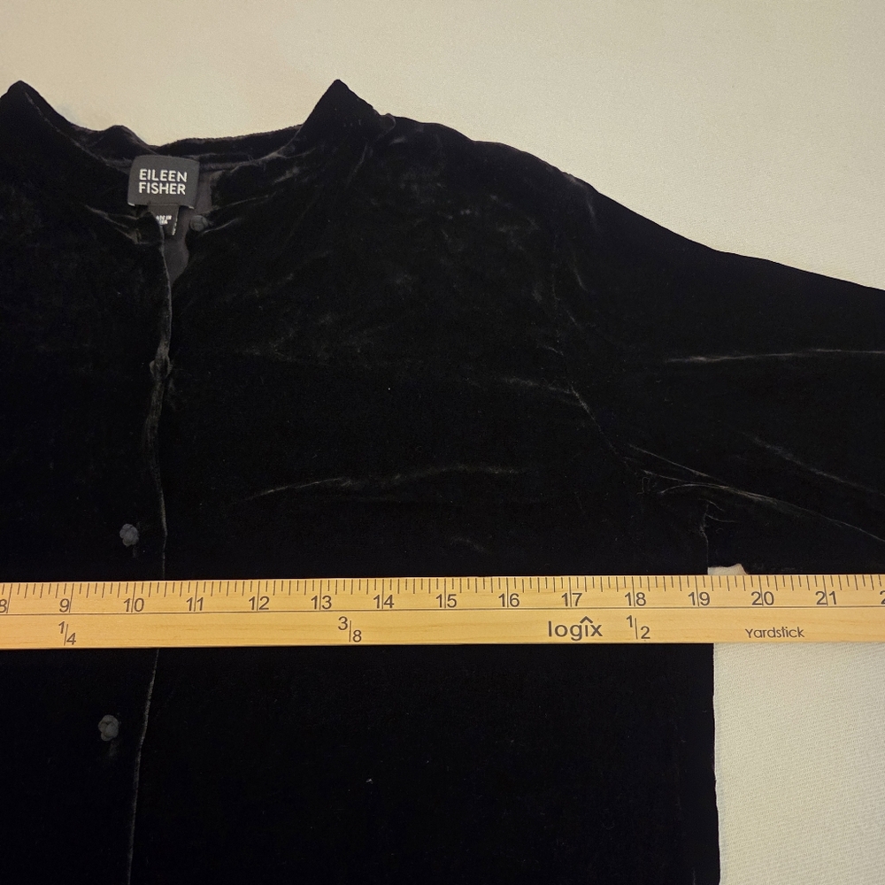EILEEN FISHER Black‎ Silk Blend Velvet Mandarin Collar Button Front Blouse SZ S - Picture 7 of 10